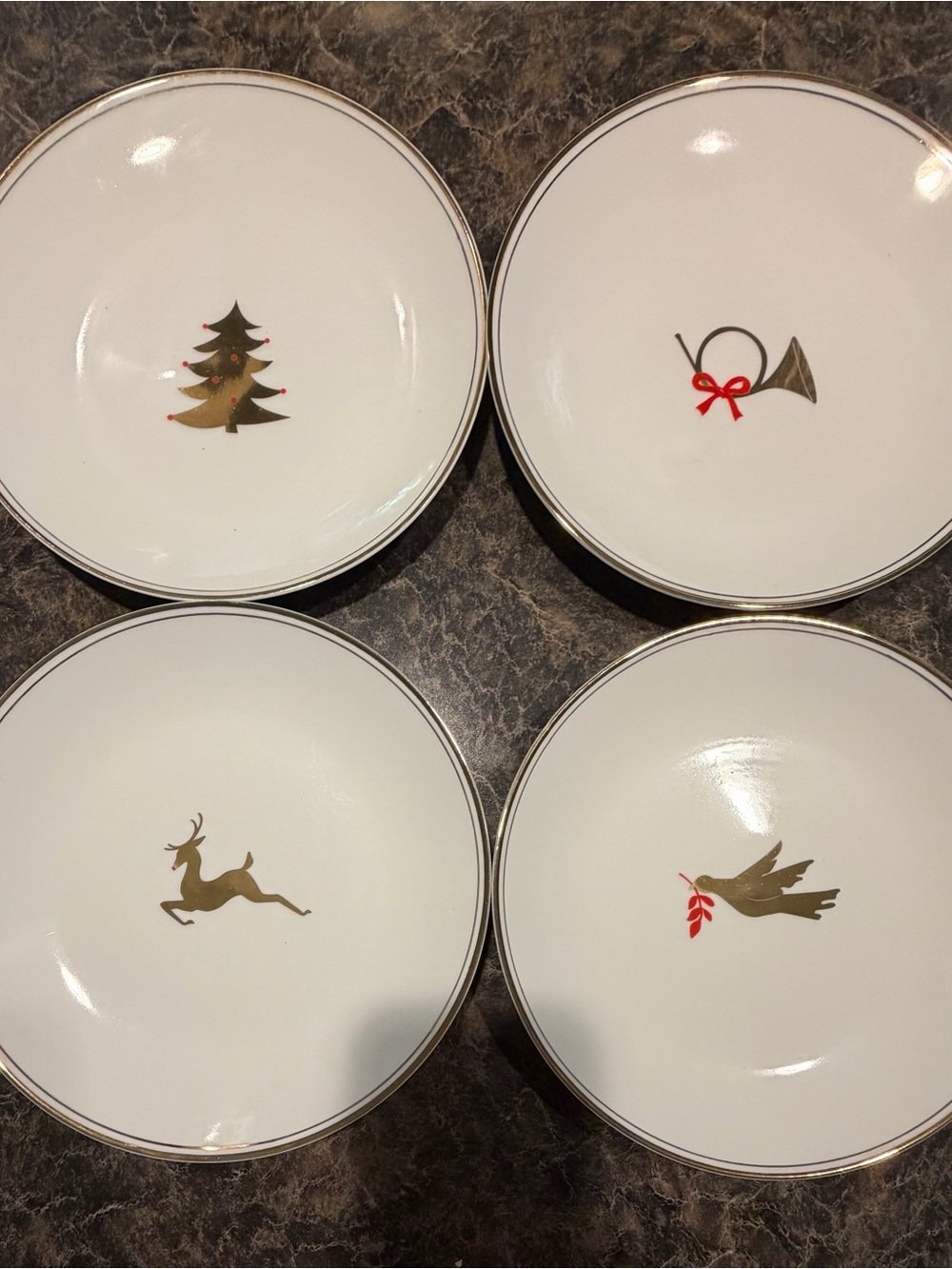 Holiday Motif Gold Accent Dessert Plates - Set of 4